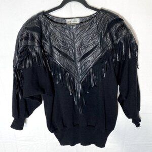 Vintage Izzy Camilleri Black Wool W Leather Décolletage & Fringe Sweater S